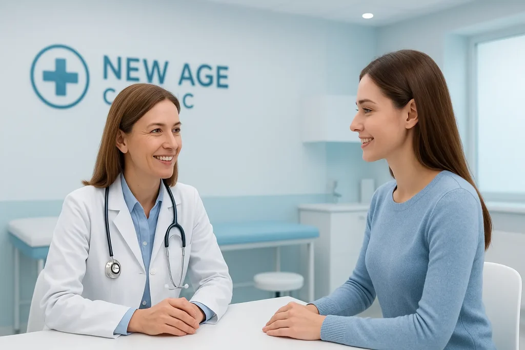 Friendly female doctor consulting with a patient in a clean modern clinic interior at New Age Clinic, white and soft blue color theme, professional and trustworthy medical environment